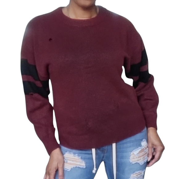 CURRENT / ELLIOTT Yates Sweater destroyed sporty pullover Cordovan Size 1 S NEW - Picture 1 of 8